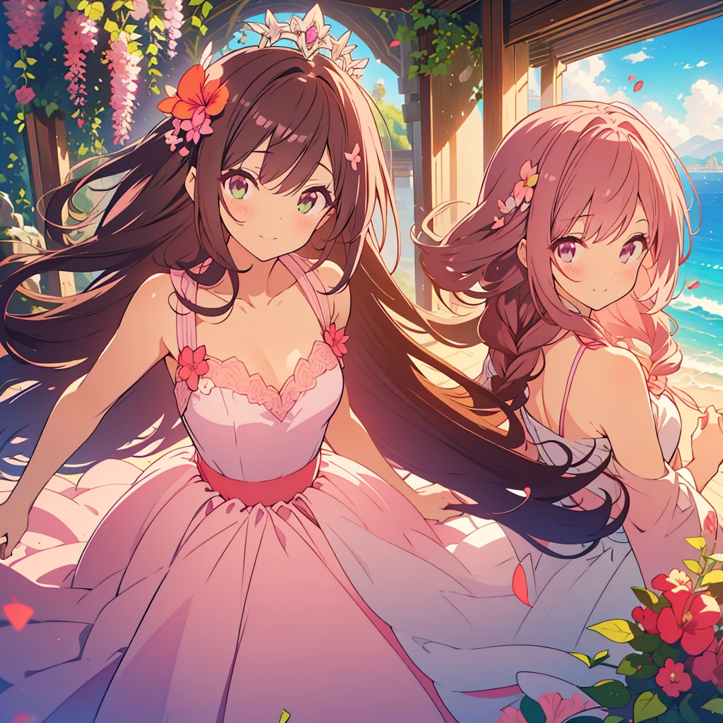 kawaii, anime, Cute, hyper quality, highly detailed, 8k, Clarity, dark brown long hair, pink bougainvillea, green eyes, droopy pink bougainvillea flower garden, bougainvillea, Ocean View, beach, pink wedding dress, light shines in, pink bougainvillea flowers, pink bougainvillea bouquet, dignity, platinum tiara, pink wedding dress, highlight on eyes, Looking back, Pose with movement, whole body, Uplifting, Inciting point of view, special perspective, dignified expression, smile dignifiedly, close up of face, Draw facial expressions in detail, the dress is fluttering, dignified stance, petals dance,