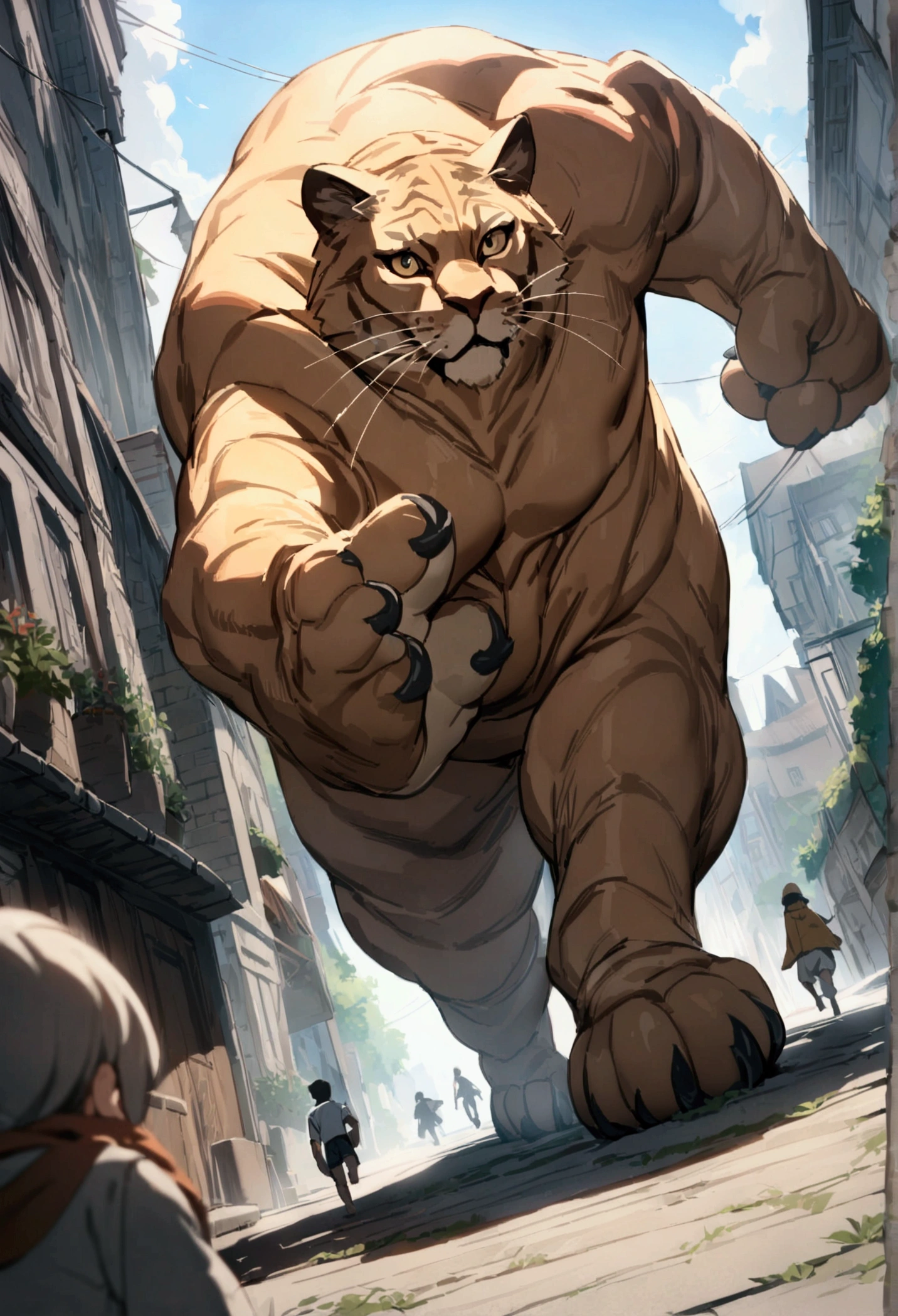 (best quality,4k,8k,highres,masterpiece:1.2),A crying boy running away towards us through the town almost being trampled by a ultra-gigantic cat's paw, cinematic angle, anime, ultra-detailed,vivid colors,dramatic lighting,