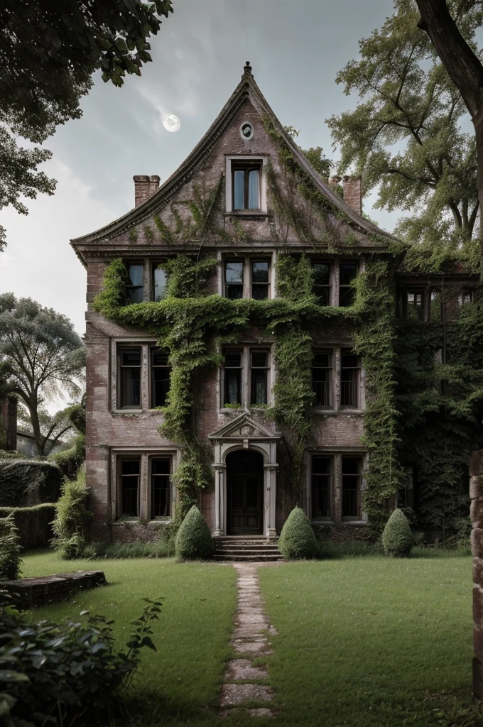 An old, slightly eerie mansion located on the outskirts of a quaint village. The mansion should appear aged and somewhat neglected, with overgrown vegetation surrounding it. The backdrop could include a dusky sky to add a mysterious ambiance.