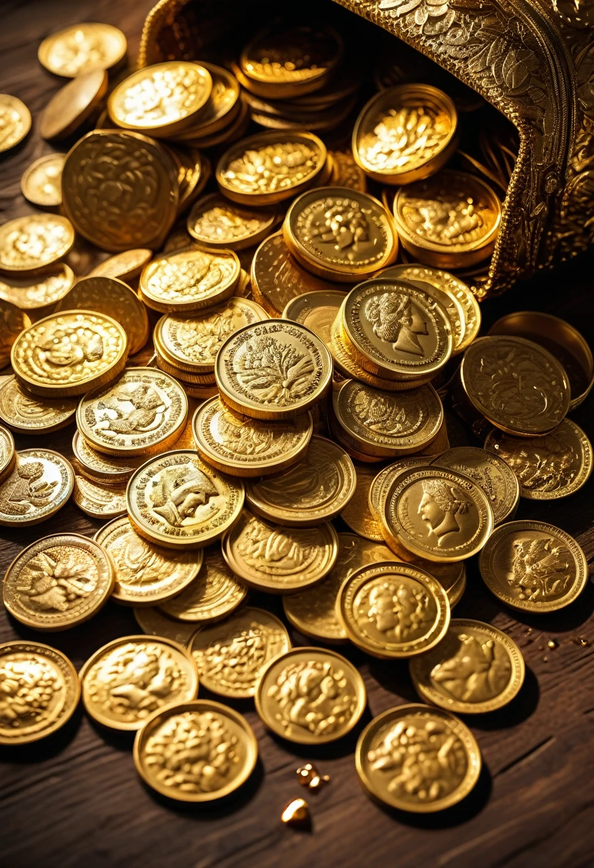 a large pile of gold coins, shiny gold coins scattered on the ground, detailed golden coins with intricate designs, highly detailed golden coins, ornate antique gold coins, glittering golden coins in a treasure chest, sparkling sunlight reflecting off gold coins, jewel-encrusted gold coins, 24k gold coins, gold coins with mirrored surfaces, golden coins with an aged patina, a heap of valuable gold coins, a stack of ancient gold coins, gold coins spilling out of a sack, highly detailed rendering of gold coins, photorealistic gold coins, (best quality,8k,highres,masterpiece:1.2),ultra-detailed,(realistic,photorealistic,photo-realistic:1.37),dramatic lighting,rich color tones,warm lighting