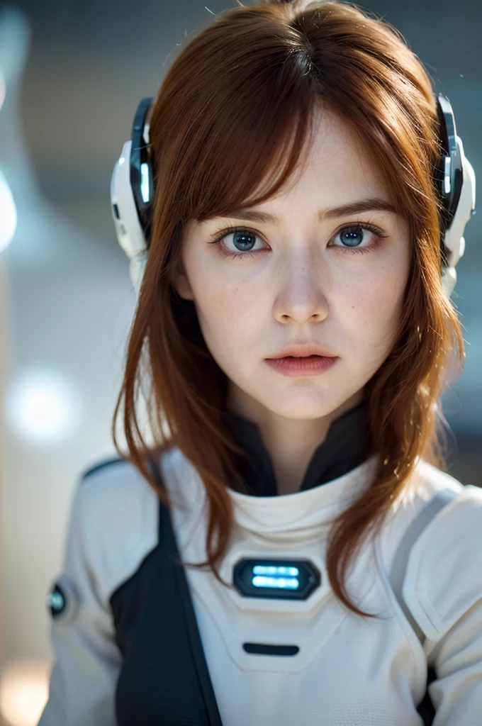 Linda Ronstadt photo of a ginger woman, in space, futuristic space suit, (freckles:0.8) cute face, sci-fi, dystopian, detailed eyes, blue eyes