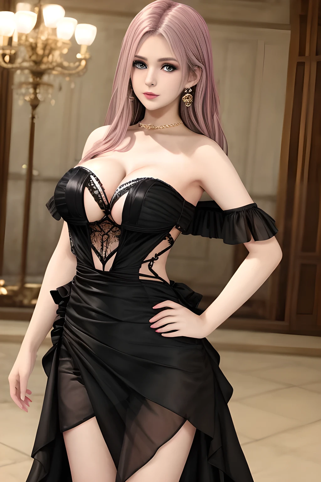 1girl is wearing an elegant black strapless dress. The dress is beautifully designed with ruching on the bodice and a cascading ruffled asymmetrical hem, adding a playful and chic touch to the outfit. The person is standing upright, with one hand gently touching their leg and the other hand relaxed by their side. The background is plain and neutral, drawing attention to the dress itself. The lighting is soft, highlighting the details of the dress and creating a fashionable and stylish atmosphere,, huge breasts, elise