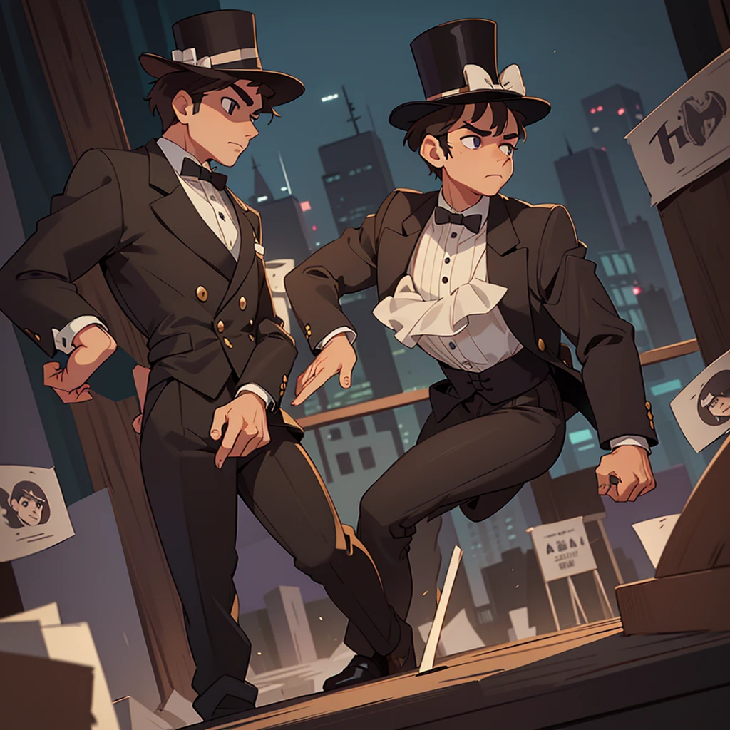 masterpiece, Highest quality, Realistic, 1 person, Mature Men, A quiet and attractive young man, Age 25, Close ~ eyes, Serious expression, Highly detailed face, ((Dark grey eyes)), ((Short dark brown hair swept to the right)), [Thick eyebrows], Thief, city, ((Wearing a top hat)), Cinema Lighting, Looking at the audience, Postural dynamics,Side angle、((Full body view))
