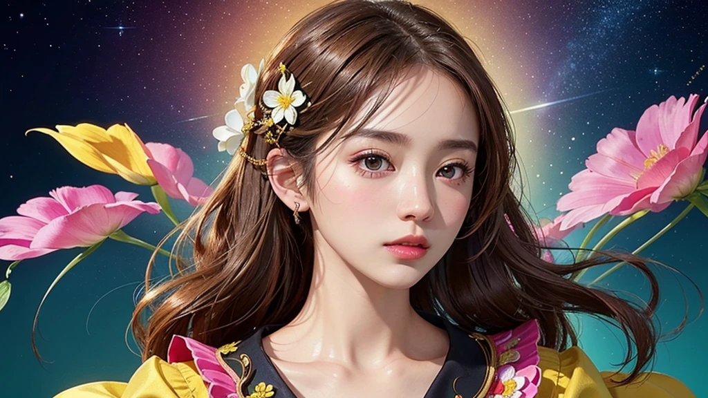 One girl, alone, flower畑, flower, (Official Art, unity 8k wallpaper, Super detailed, beautifully、aesthetic, masterpiece ,Highest quality:1.3), (Dynamic Angle:1.4), (Floating colorful sparkles:1) , elegant, Vibrant colors, Highly detailed face, Detailed eyes, Glowing Skin, Glossy Lips , Red and yellow background, Brown Hair,