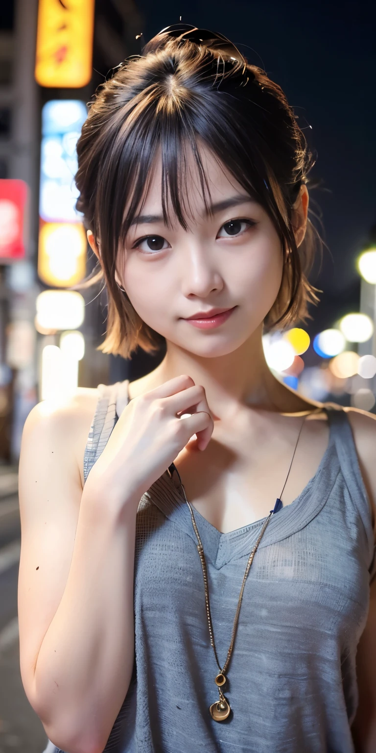 1 girl, Tokyo Street,night, Streetscape,City lights,Upper Body,close,smile,, (8k, RAW Photos, Highest quality, masterpiece:1.2),(Realistic, photo-Realistic:1.37),