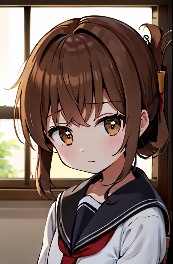 He is sitting on the floor of the school gymnasium, feeling unwell and holding his knees while observing a class.,(masterpiece, best quality:1.2),illustration,8k,HD,1girl,独奏,upper body,(portrait:1.2),brown_hair,folded_ponytail,brown_eyes,serafuku,long_hair,school_uniform,skirt,pleated_skirt,