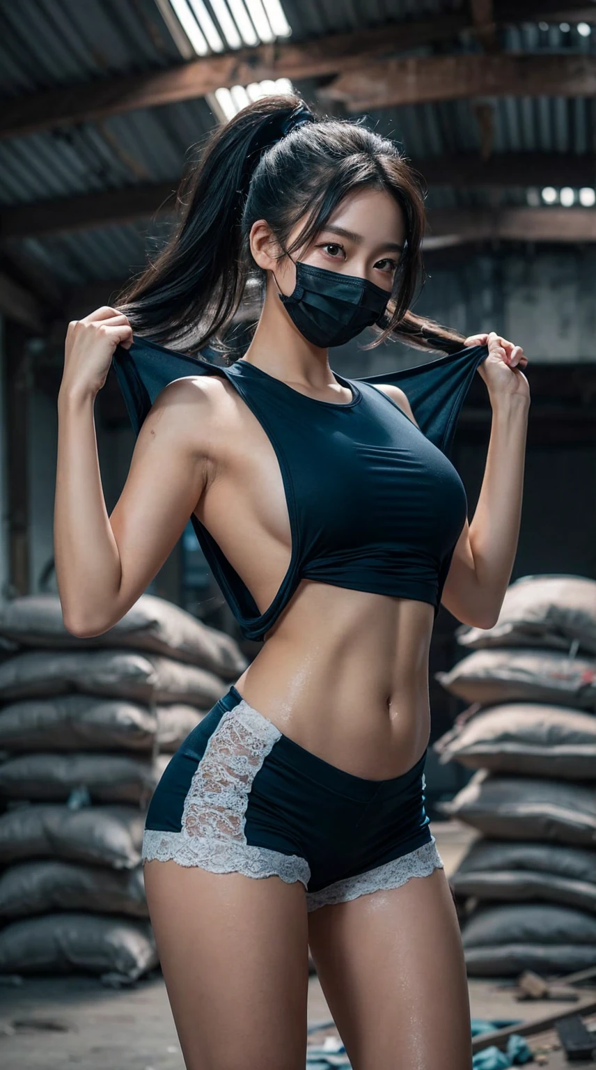 Create a realistic, UHD, 8K visual of a young korean woman with an curvy body shaped, she has long dark hair tied in a high ponytail, she has large chest, standing in an An abandoned building. She is wearing a black face mask and a white sleeveless top with deep side cuts, exposing the sides of her torso. She is lifting her top slightly with both hands. Her skin appears glistening, possibly due to sweat. The background includes stacked bags or sacks arranged in rows and a corrugated metal roof, contributing to the rugged and industrial atmosphere.