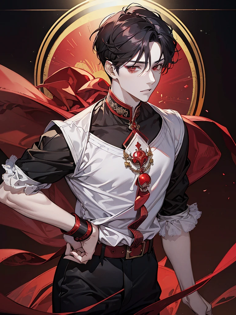 boy, red eyes, red curry hair. sadistic, t shirt. he so arrogant. handsome man. very short hair. like a man. gentleman. like a prince, background in mansion, kind smiling. he is vampire noble. have bangs