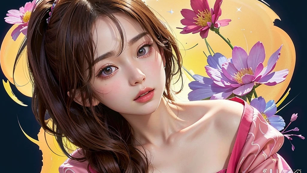 One girl, alone, flower畑, flower, (Official Art, unity 8k wallpaper, Super detailed, beautifully、aesthetic, masterpiece ,Highest quality:1.3), (Dynamic Angle:1.4), (Floating colorful sparkles:1) , elegant, Vibrant colors, Highly detailed face, Detailed eyes, Glowing Skin, Glossy Lips , Red and yellow background, Brown Hair,
