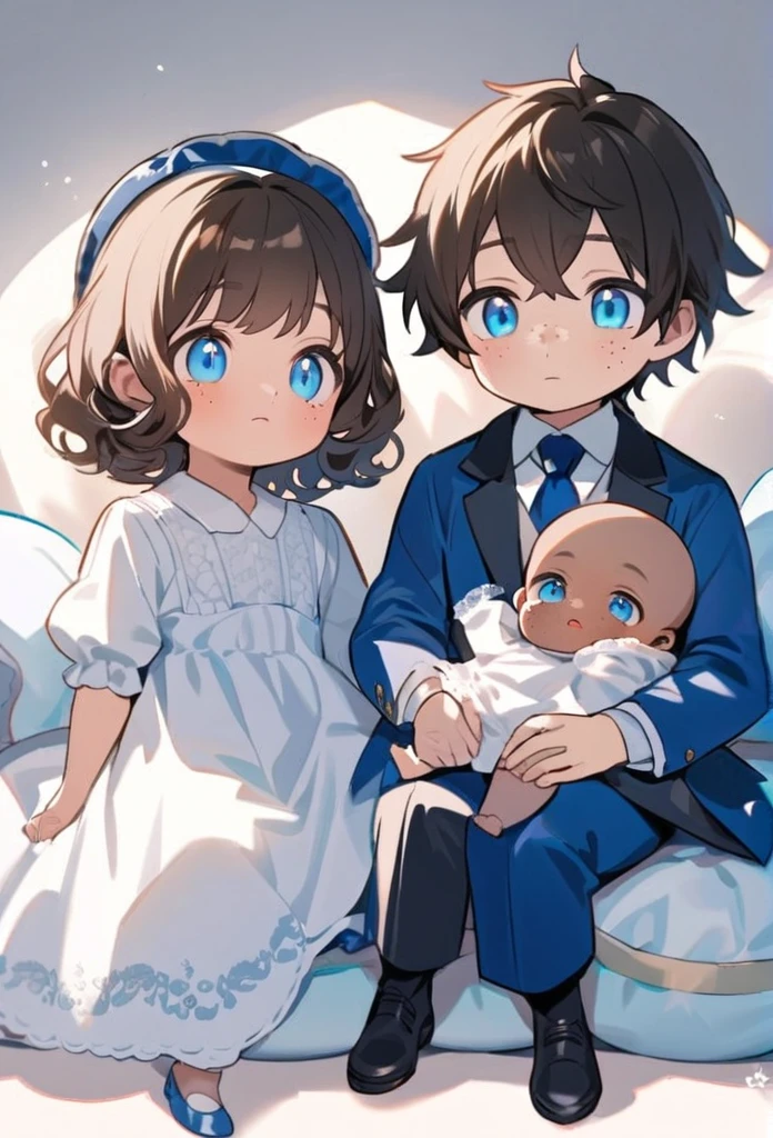 two children, a boy and a girl, both are 1 year old twins, the boy has black hair with some blue highlights and light brown skin, has freckles on his face and blue eyes, wears a blue suit and a black baby. The girl has curly brown hair with blue highlights, blue eyes and light brown skin with freckles on her face and a mole on her cheek. She wears a blue and white dress from the last century. The two are sitting on comfortable cushions like princes