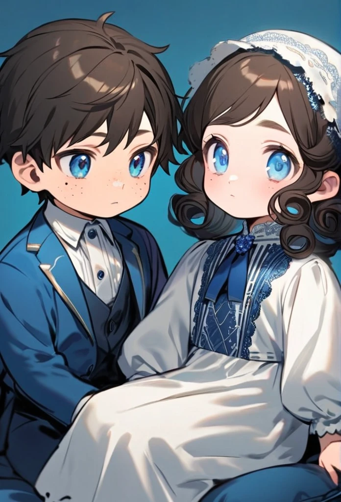 two children, a boy and a girl, both are 1 twins, the boy has black hair with some blue highlights and light brown skin, has freckles on his face and blue eyes, wears a blue suit and a black baby. Thrl has curly brown hair with blue highlights, blue eyes and light brown skin with freckles on her face and a mole on her cheek. She wears a blue and white dress from the last century. The two are sitting on comfortable cushions like princes