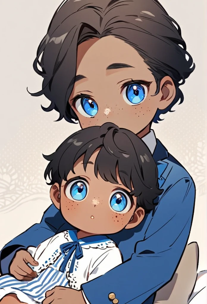 two children, a boy and a girl, both are 1  twins, the boy has black hair with some blue highlights and light brown skin, has freckles on his face and blue eyes, wears a blue suit and a black baby. Thrl has curly brown hair with blue highlights, blue eyes and light brown skin with freckles on her face and a mole on her cheek. She wears a blue and white dress from the last century. The two are sitting on comfortable cushions like princes