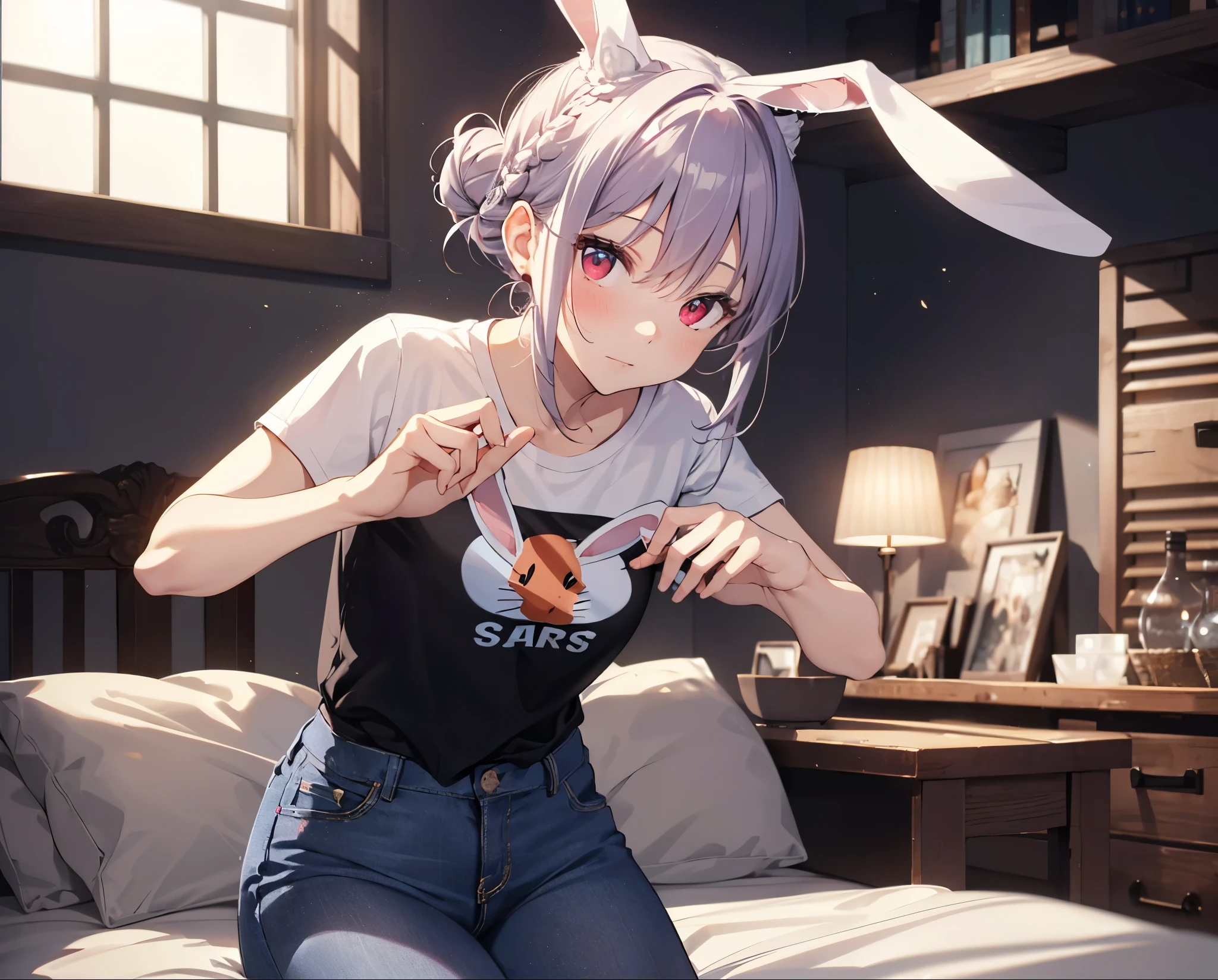 (Close-up:1.3),Realistic,Highest quality, Super detailed, High-quality CG rendering, The most delicate and beautiful, Floating softly, High resolution, (1 girl), (Highest quality,4K,8k,masterpiece:1.2), Light purple hair,(Rabbit ears:1.5),(Hair in a bun:1.5),Red eyes,(Pure white oversized short sleeve T-shirt:1.3),(Black skinny jeans:1.3),Small room,There is a bed,front,Shy face