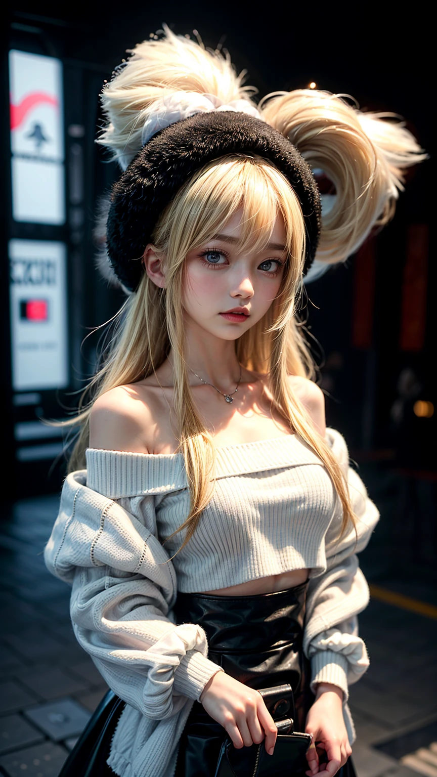 1 girl, Russian language, cute, blonde hair, white sweater, crop top, off shoulder, shy, black skirt, Black Ushanka, Harajuku street background,white balance