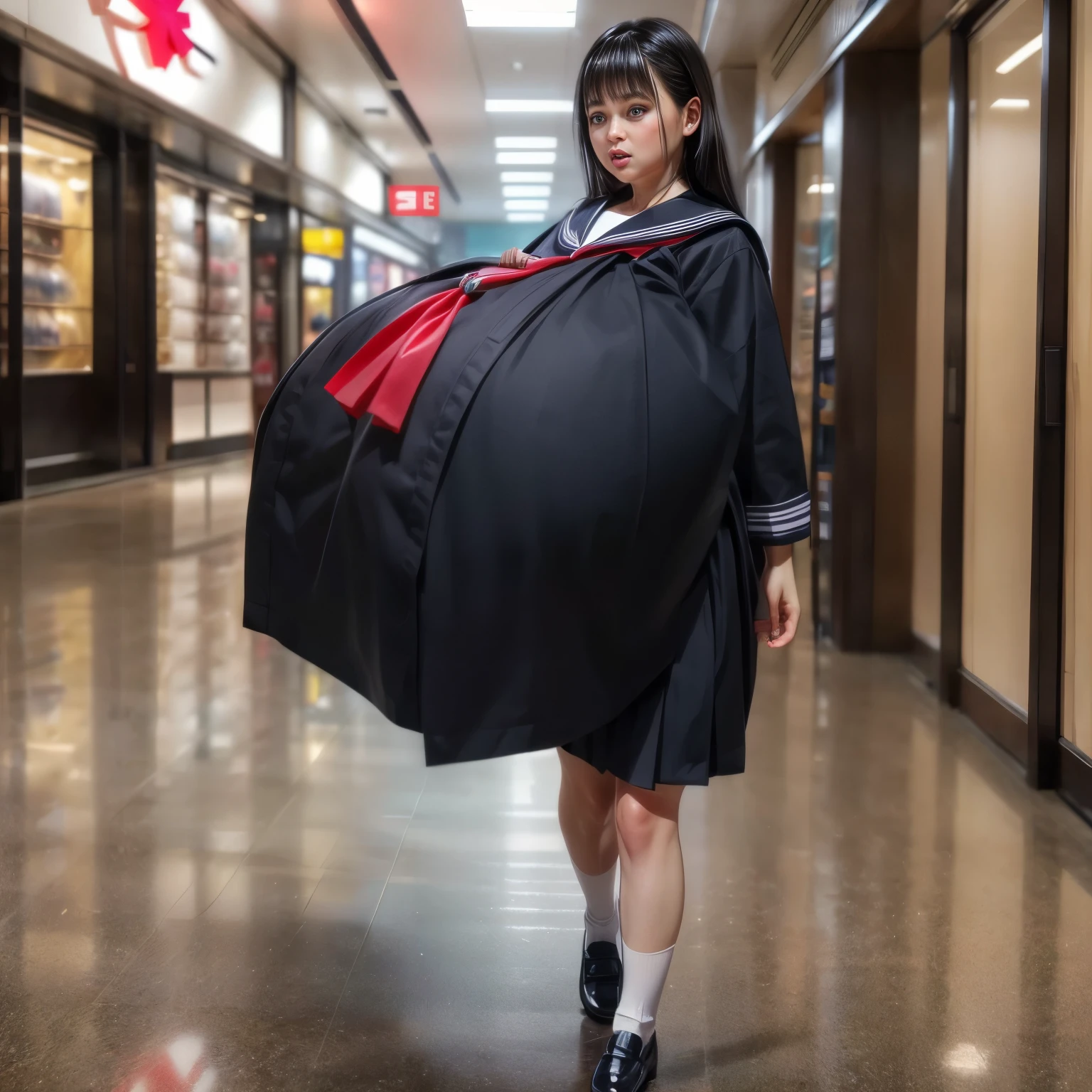photoreal, highest quality、4K quality、(gigantic tits:1.2)、Japanese black hair Woman, 30 years old (sailor uniform:1.2)、walking in a mall, hyper detailed face