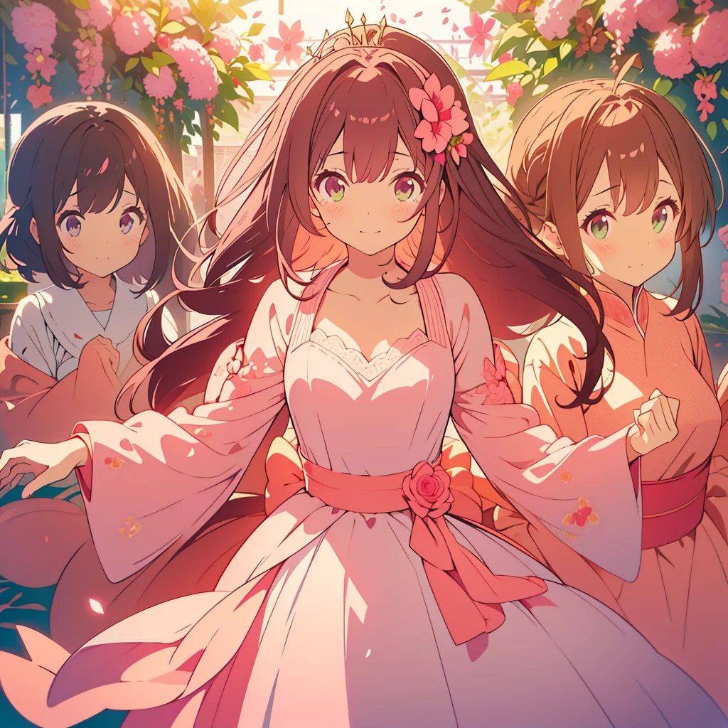 kawaii, anime, Cute, hyper quality, highly detailed, 8k, Clarity, dark brown long hair, pink bougainvillea, green eyes, droopy pink bougainvillea flower garden, bougainvillea, bougainvillea lace, pink wedding dress, light shines in, pink bougainvillea flowers, pink bougainvillea bouquet, dignity, platinum tiara, pink wedding dress, highlight on eyes, Looking back, Pose with movement, whole body, Uplifting, Inciting point of view, special perspective, smile dignifiedly, close up of face, Draw facial expressions in detail, the dress is fluttering, dignified stance, petals dance,