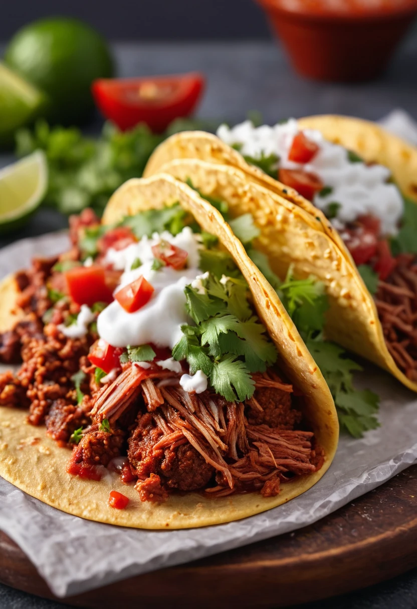 a delicious and flavorful adobada mexican taco, realistic food photography, detailed textures of the meat and toppings, steam rising from the hot taco, vibrant colors, natural lighting, shallow depth of field, appetizing, mouth-watering, high quality, 8k, photorealistic
