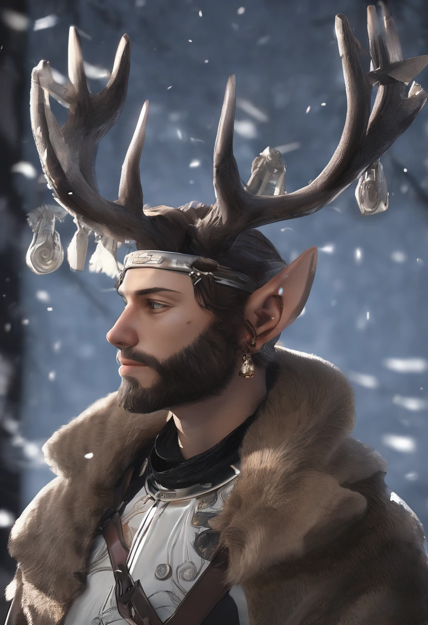 (masterpiece, best quality, ultra-detailed, highres, absurdres, best illumination, finely detail, bloom, lighting on face, best lighting, finely detailed beautiful eyes, shiny hair , perfect face, lustrous skin), standing, outdoor, depth_of_field, daylight, daytime, full body, dutch_angle, street,, lumi_vsinger, hair ornament, black dog collar, Lean male ((faun)) (very hairy body, bushy beard and chestnut colored hair, buzz-cut high-and-tight, high fade haircut ), fully body from head to toe, thick leather collar around his neck. He stands steadfast in the cold night. He wears a jock-strap with thick leather belts and bronze buckles. (He's well endowed with a bulging groin).) (( short decorated stag Antlers grace his brow his head)). His long anthropomorphic deer ears twitch to the sound of bells. ((A leather body harness with buckles decorated in sleighbells secured to his chest)).
