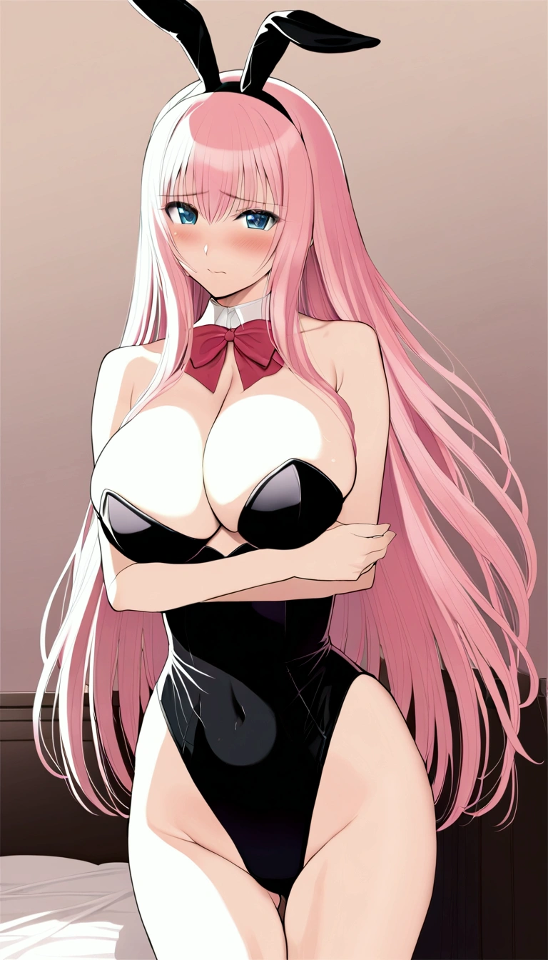 masterpiece,Beautiful adult woman ,Megurine Luka,Big Breasts,Bunny girl,Black leotard,Pink long hair,blue eyes,Embarrassed expression,blush,Bedroom,Complete human body