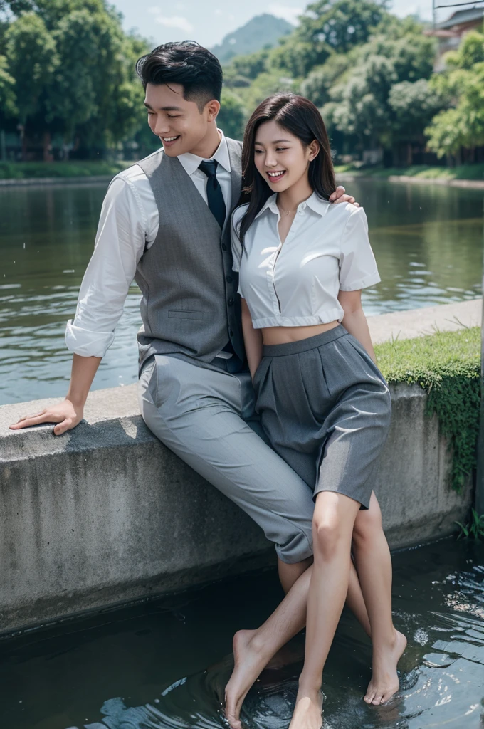 romantic couple. an Indonesian man lying on river, it is raining On the right and left sides of the river, there are lush grass, laughing cheerfully, there was a woman sitting smilling is seento try to bite the zipper of the man's pants with her teeth. in indonesian high school uniforms with white tops and gray bottoms, blank gray tie. 4k. ray tracing. high resolution realistic, 3d render, typography, cinematic