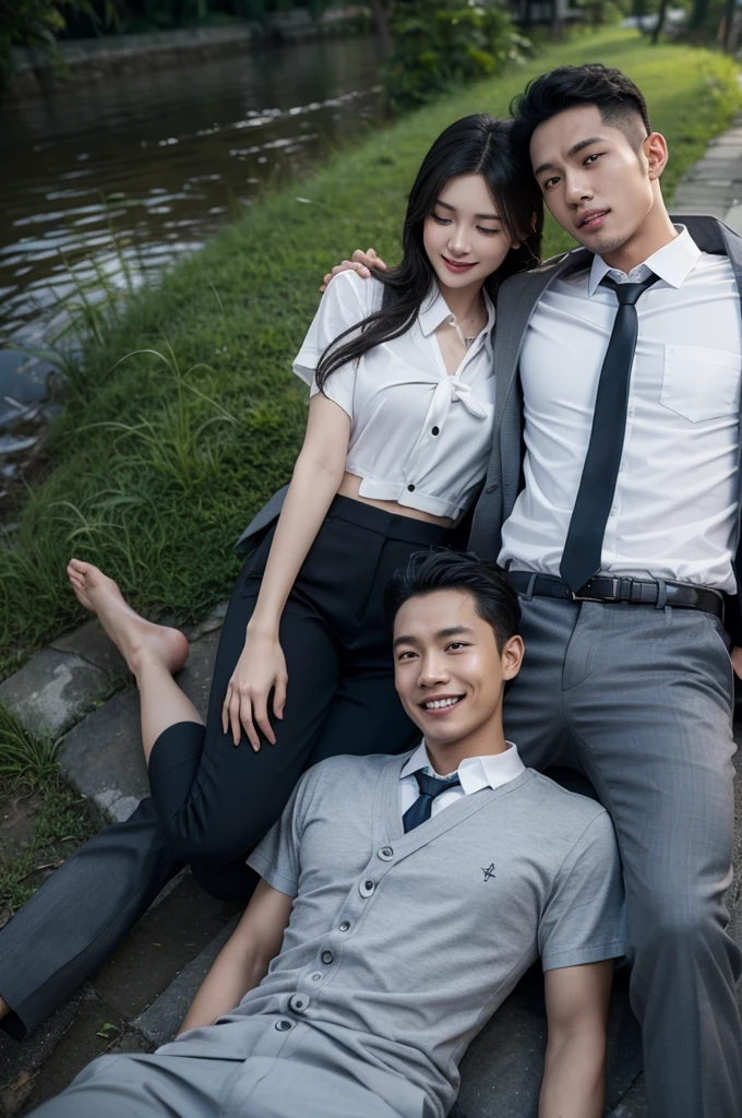 romantic couple. an Indonesian man lying on river, it is raining On the right and left sides of the river, there are lush grass, laughing cheerfully, there was a woman sitting smilling is seento try to bite the zipper of the man's pants with her teeth. in indonesian high school uniforms with white tops and gray bottoms, blank gray tie. 4k. ray tracing. high resolution realistic, 3d render, typography, cinematic