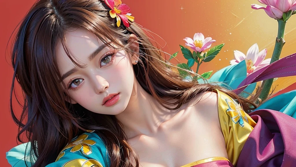 One girl, alone, flower畑, flower, (Official Art, unity 8k wallpaper, Super detailed, beautifully、aesthetic, masterpiece ,Highest quality:1.3), (Dynamic Angle:1.4), (Floating colorful sparkles:1) , elegant, Vibrant colors, Highly detailed face, Detailed eyes, Glowing Skin, Glossy Lips , Red and yellow background, Brown Hair,