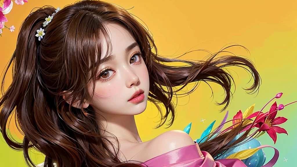 One girl, alone, flower畑, flower, (Official Art, unity 8k wallpaper, Super detailed, beautifully、aesthetic, masterpiece ,Highest quality:1.3), (Dynamic Angle:1.4), (Floating colorful sparkles:1) , elegant, Vibrant colors, Highly detailed face, Detailed eyes, Glowing Skin, Glossy Lips , Red and yellow background, Brown Hair,
