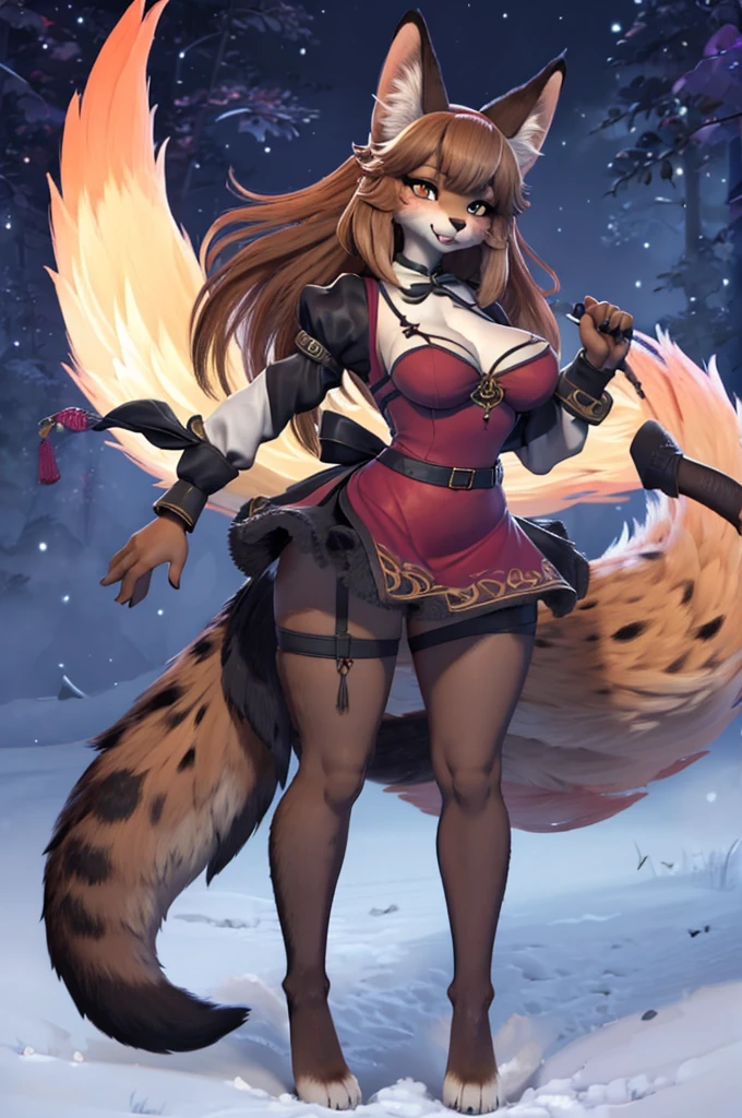 feral,fox, masterpiece, best quality holo is a wolf girl,fox tail, furry art!!!, curvy ,thick thighs,expressive eyes, (brown fur skin), wolf ears, messy hair, feral), furry, stocking, sweaty, plump body type,Serval, fox, wolf girl,fangs, sharp eyeliner, eyeshadow, (detailed eyes),china dress Lingerie,WW2 uniform, secretary, post-apolytic, stocking, girly, dynamic pose, standing, presenting hindquarters, full body,