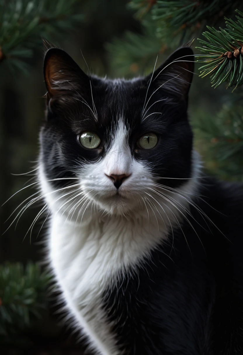 black and white cat, pine tree, feline, close-up portrait, detailed eyes, detailed fur, detailed texture, photorealistic, 8k, high resolution, ultra-detailed, realistic, (best quality:1.2), (realistic:1.37), dramatic lighting, moody, dark and gloomy, ominous atmosphere, chiaroscuro, high contrast, cinematic, award-winning photography
