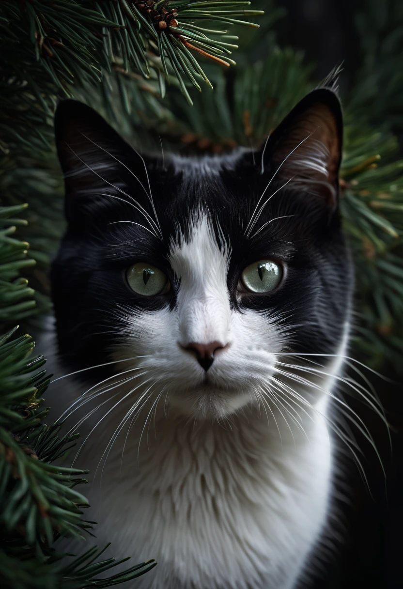 black and white cat, pine tree, feline, close-up portrait, detailed eyes, detailed fur, detailed texture, photorealistic, 8k, high resolution, ultra-detailed, realistic, (best quality:1.2), (realistic:1.37), dramatic lighting, moody, dark and gloomy, ominous atmosphere, chiaroscuro, high contrast, cinematic, award-winning photography