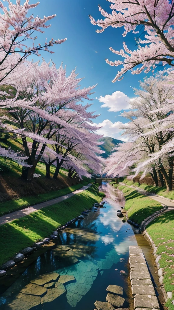 Draw a river with a small village, anime beautiful peace scene, very beautiful landscape, landscape artwork, landscape art detail, very beautiful digital art, beauty of natural landscape, beautiful art UHD 4 K, very beautiful photos, beautiful nature, landscape wallpaper, really beautiful nature, beautiful digital artwork, beautiful background, cherry blossom trees, anime style