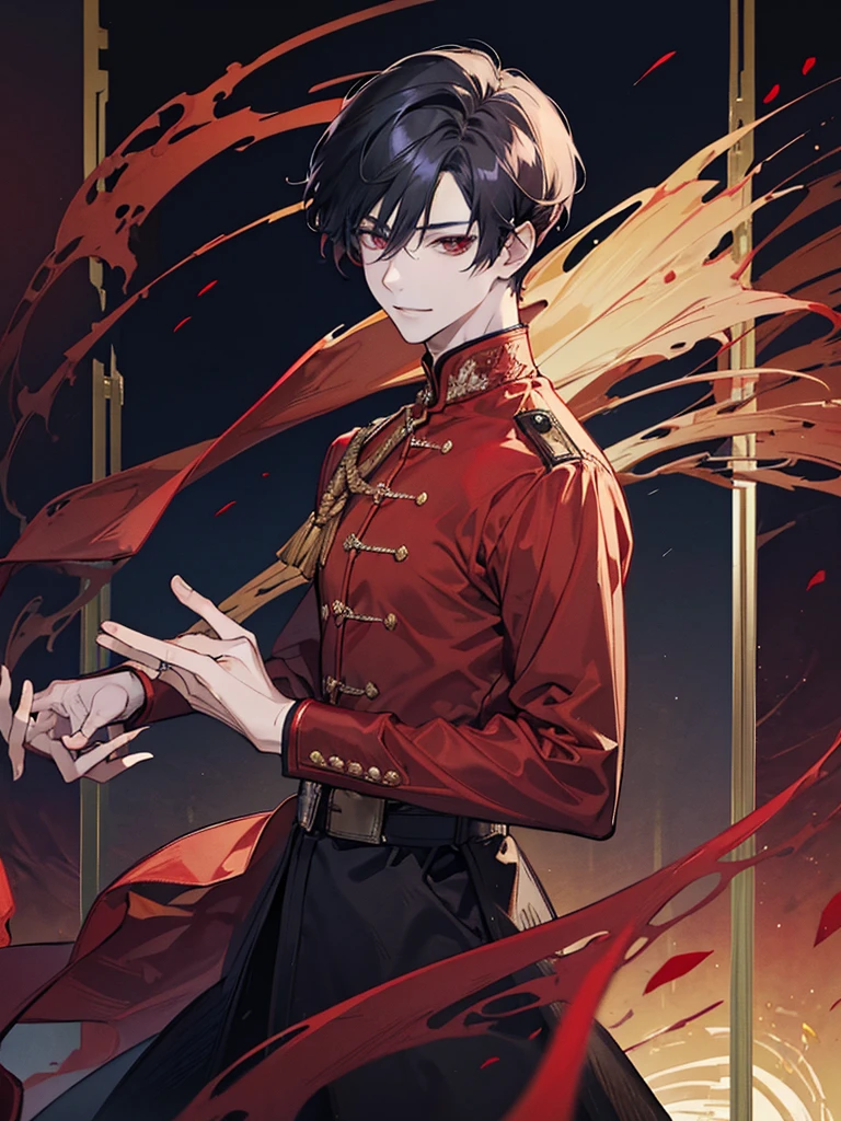 boy, red eyes, red curry hair. sadistic, t shirt. he so arrogant. handsome man. very short hair. like a man. gentleman. like a prince, background in mansion, kind smiling. he is vampire noble. have bangs