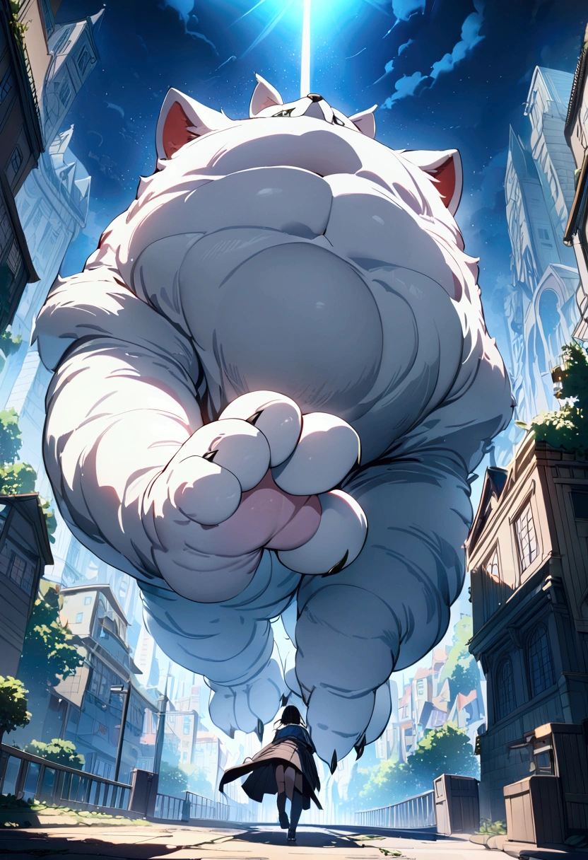 (best quality,4k,8k,highres,masterpiece:1.2),A crying boy running away towards us through the town almost being trampled by a ultra-gigantic cat's paw, cinematic angle, anime, ultra-detailed,vivid colors,dramatic lighting,