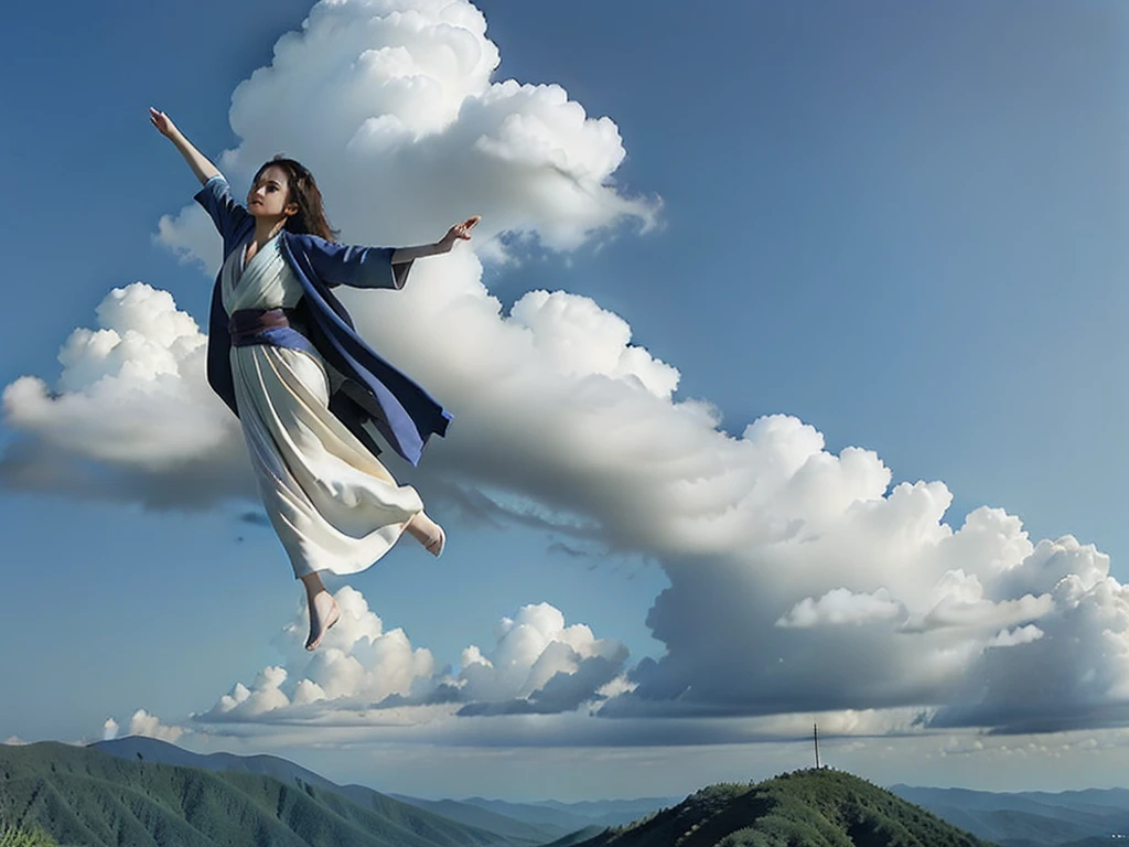 Fantastic sky Kimono Pose A woman flying high in the sky Long Hair Realistic Face