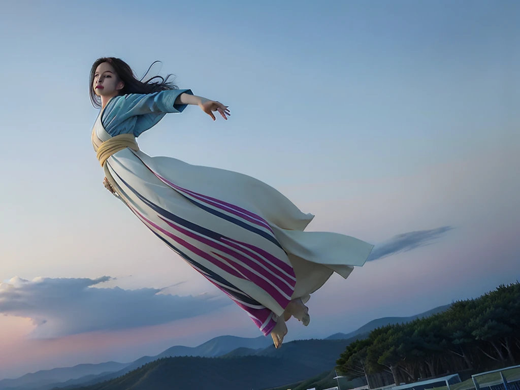 Fantastic sky Kimono Pose A woman flying high in the sky Long Hair Realistic Face