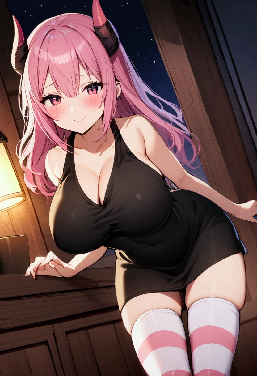 1girl with long pink hair, violet red eyes, two small horns on head, short black dress, big breasts, pink and white striped stockings, stand, night, village house living room, shy smile, 