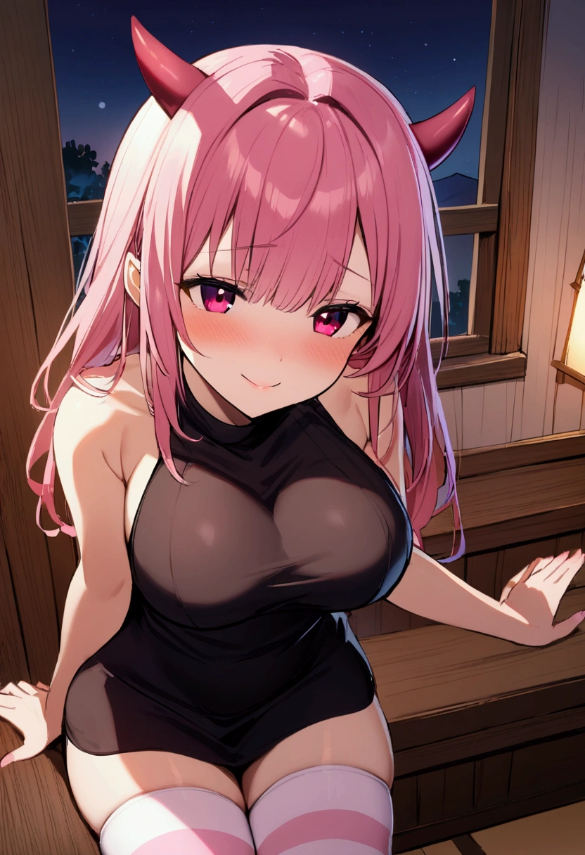 1girl with long pink hair, violet red eyes, two small horns on head, short black dress, big breasts, pink and white striped stockings, stand, night, village house living room, shy smile,