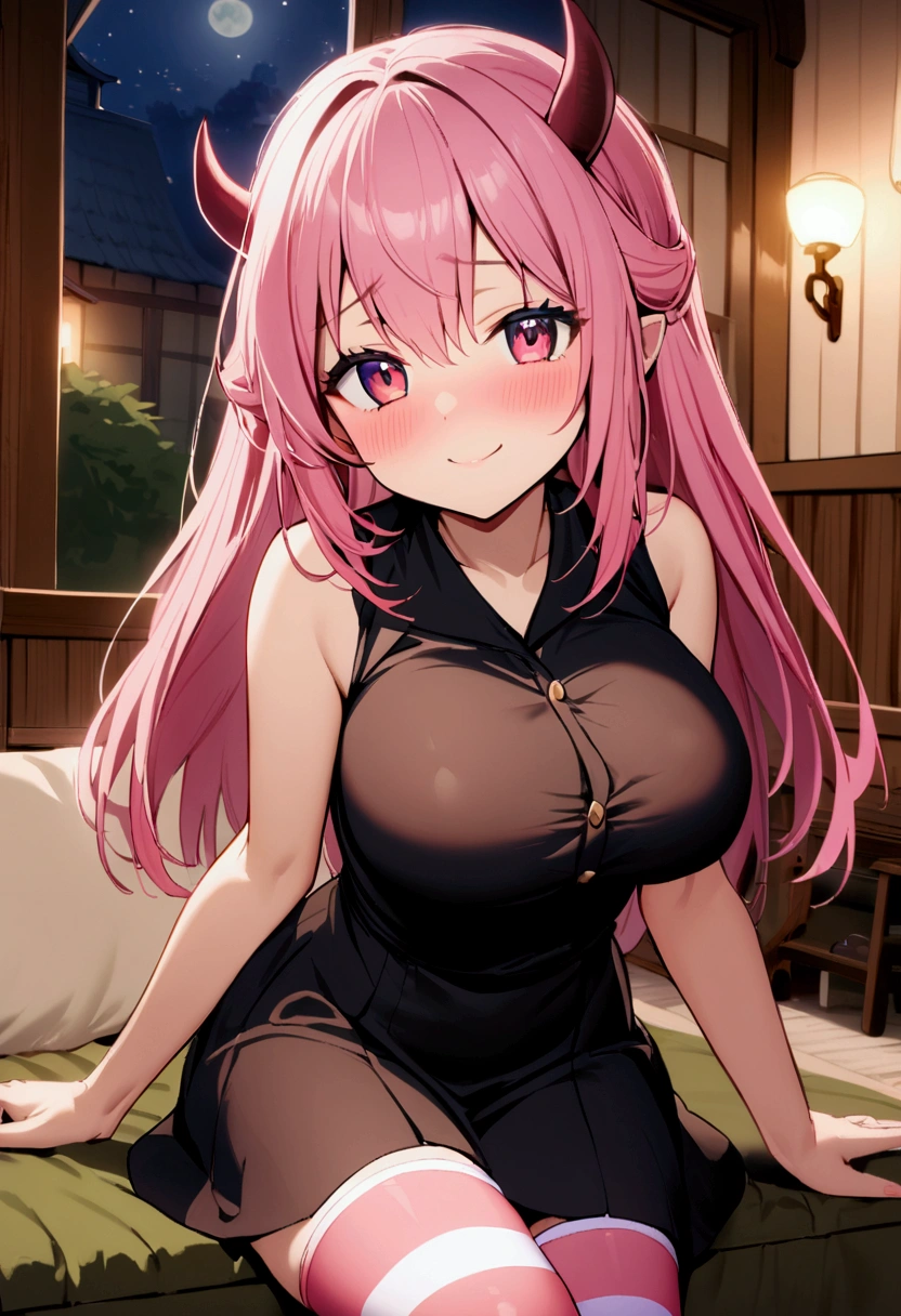 1girl with long pink hair, violet red eyes, two small horns on head, short black dress, big breasts, pink and white striped stockings, stand, night, village house living room, shy smile, 