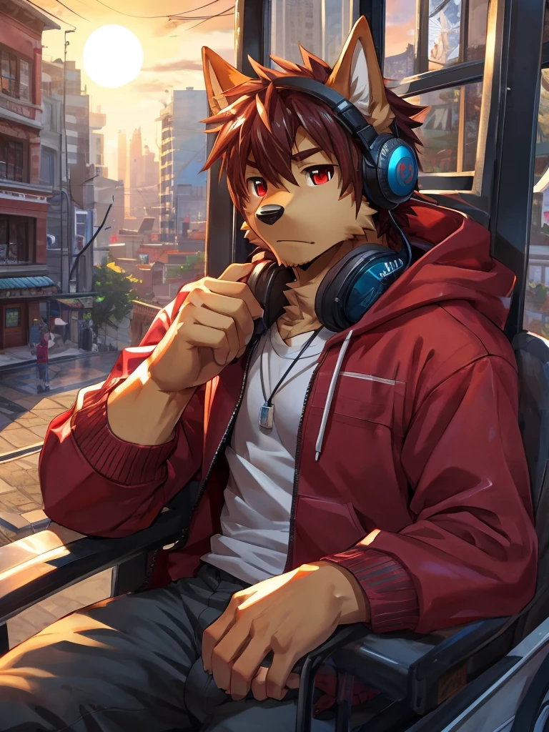 embedding:German Shepherd Dog, male,red eyes,Single person,The side,In the carriage,Look outside,Outside is the city,Hoodie,Without a hood,The game CG,Illustration,On the tram,The setting sun,Alone,A melancholy atmosphere,Artistic tones,Stand by the window.Blue with reddish orange,Headphones around neck,The highest quality of scene detail,adult,Tall and powerful,muscle,Best quality hands, best quality eye,detailed fur,Delicate eyes.Extreme picture quality,by sollyz,by zixiong,by milkytiger1145