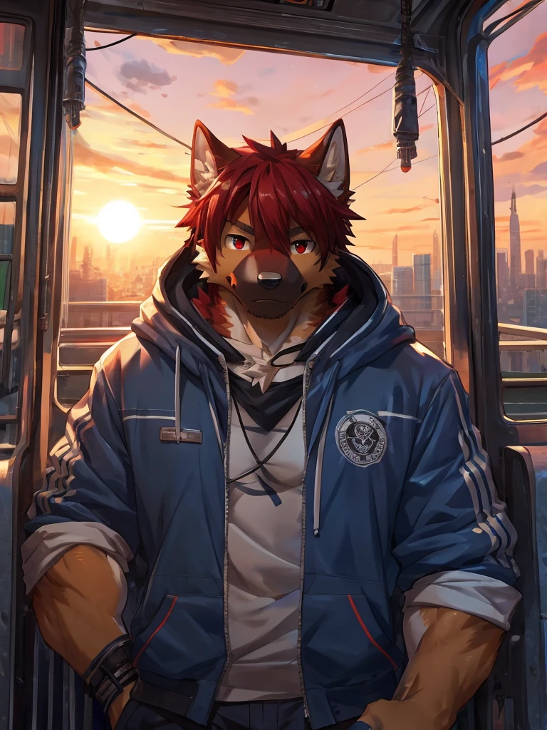 embedding:German Shepherd Dog, male,red eyes,Single person,The side,In the carriage,Look outside,Outside is the city,Hoodie,Without a hood,The game CG,Illustration,On the tram,The setting sun,Alone,A melancholy atmosphere,Artistic tones,Stand by the window.Blue with reddish orange,Headphones around neck,The highest quality of scene detail,adult,Tall and powerful,muscle,Best quality hands, best quality eye,detailed fur,Delicate eyes.Extreme picture quality,by sollyz,by zixiong,by milkytiger1145