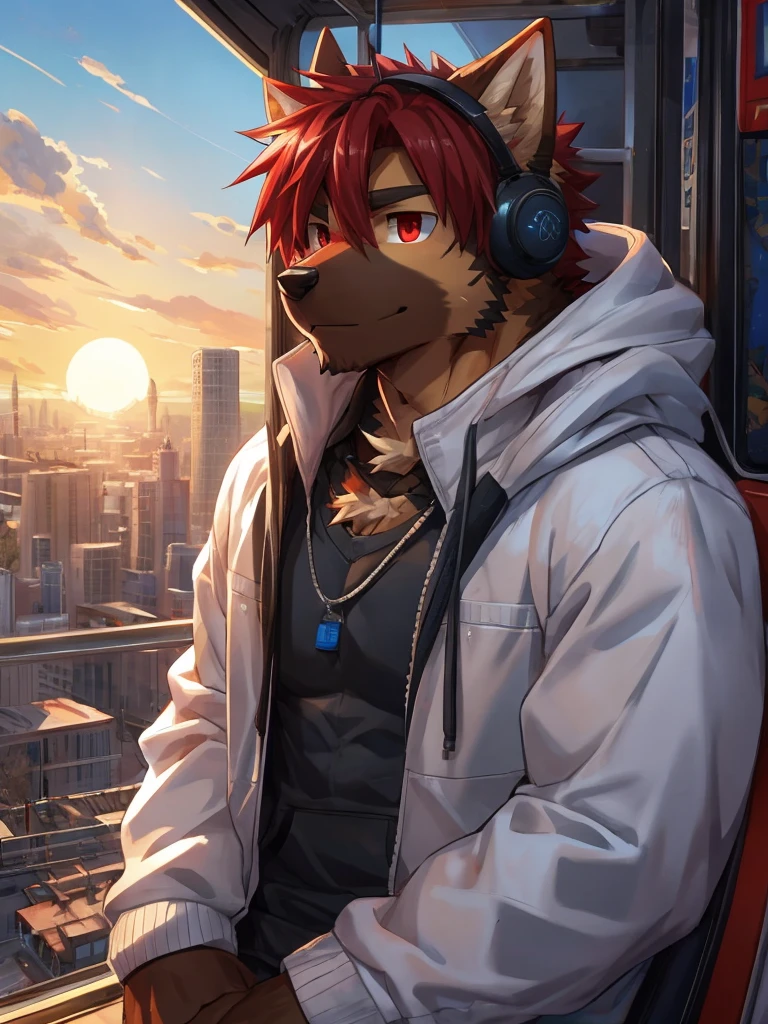 embedding:German Shepherd Dog, male,red eyes,Single person,The side,In the carriage,Look outside,Outside is the city,Hoodie,Without a hood,The game CG,Illustration,On the tram,The setting sun,Alone,A melancholy atmosphere,Artistic tones,Stand by the window.Blue with reddish orange，Headphones around neck,The highest quality of scene detail,adult,Tall and powerful,muscle，Best quality hands, best quality eye，detailed fur，Delicate eyes.Extreme picture quality，by sollyz,by zixiong,by milkytiger1145