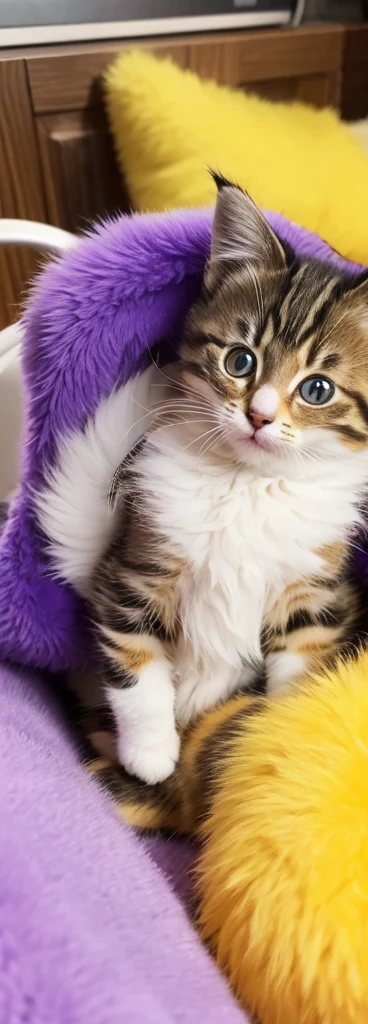 A cute kitten with a mixture of yellow and purple fur
