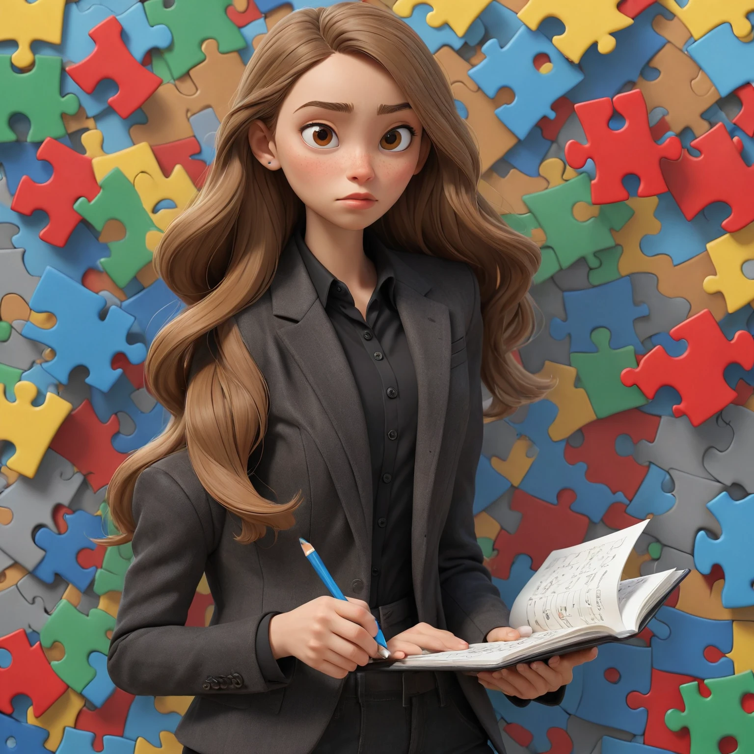 3D Pixar style poster. woman with light skin, super straight light brown hair, light brown eyes, black blazer, black jeans, gray shirt, white sneakers, notebook in hand, background with red, blue, green and yellow puzzles.