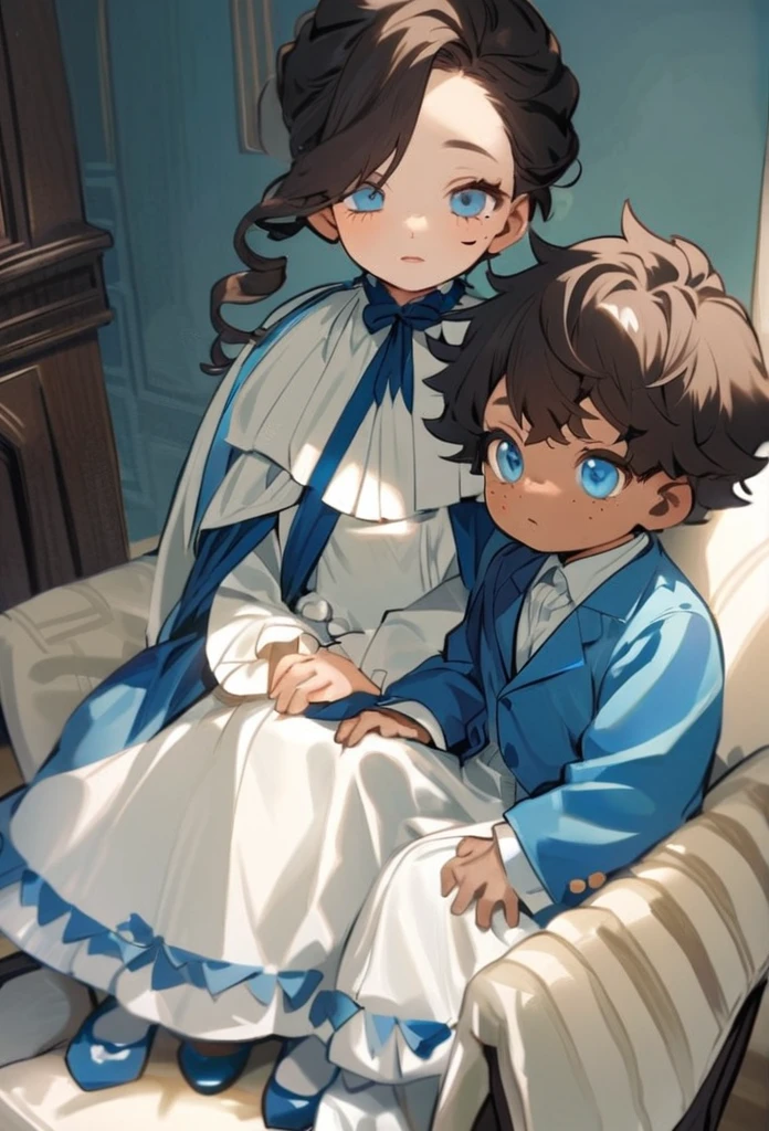 two children, a boy and a girl, both are 1 year old twins, the boy has black hair with some blue highlights and light brown skin, has freckles on his face and blue eyes, wears a blue suit and a black baby. The girl has curly brown hair with blue highlights, blue eyes and light brown skin with freckles on her face and a mole on her cheek. She wears a blue and white dress from the last century. The two are sitting on comfortable cushions like princes