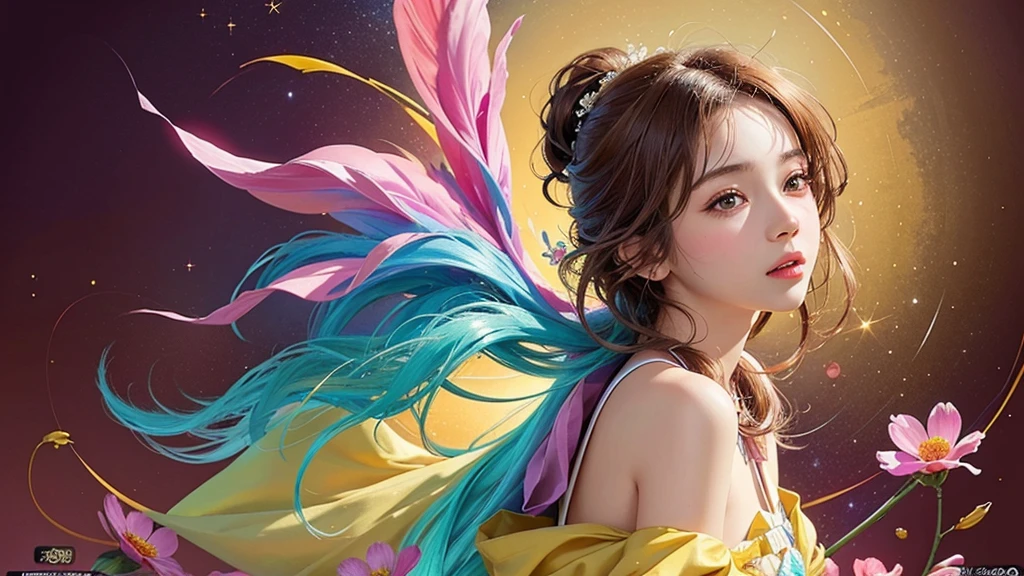 One girl, alone, flower畑, flower, (Official Art, unity 8k wallpaper, Super detailed, beautifully、aesthetic, masterpiece ,Highest quality:1.3), (Dynamic Angle:1.4), (Floating colorful sparkles:1) , elegant, Vibrant colors, Highly detailed face, Detailed eyes, Glowing Skin, Glossy Lips , Red and yellow background, Brown Hair,
