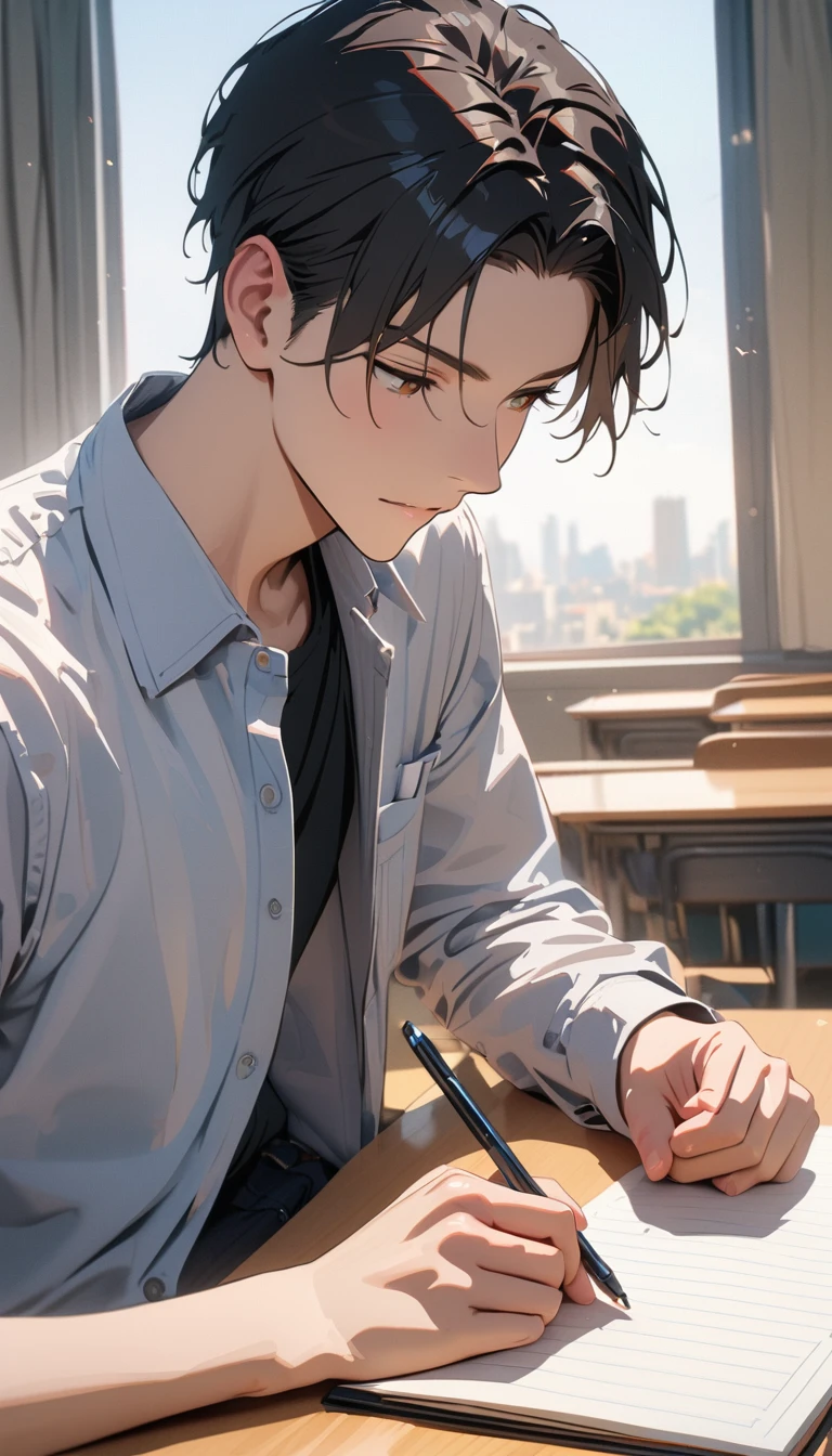 masterpiece , modern, Verism, masterpiece, super detail, best quality, 4K ,One good young man,Black short hair,Taking classes at a university,is writing in a notebook on the desk,right handed,Sitting,In the university classroom.
