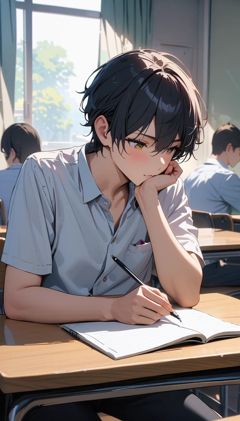 masterpiece , modern, Verism, masterpiece, super detail, best quality, 4K ,One good young man,Black short hair,Taking classes at a university,is writing in a notebook on the desk,right handed,Sitting,In the university classroom.
