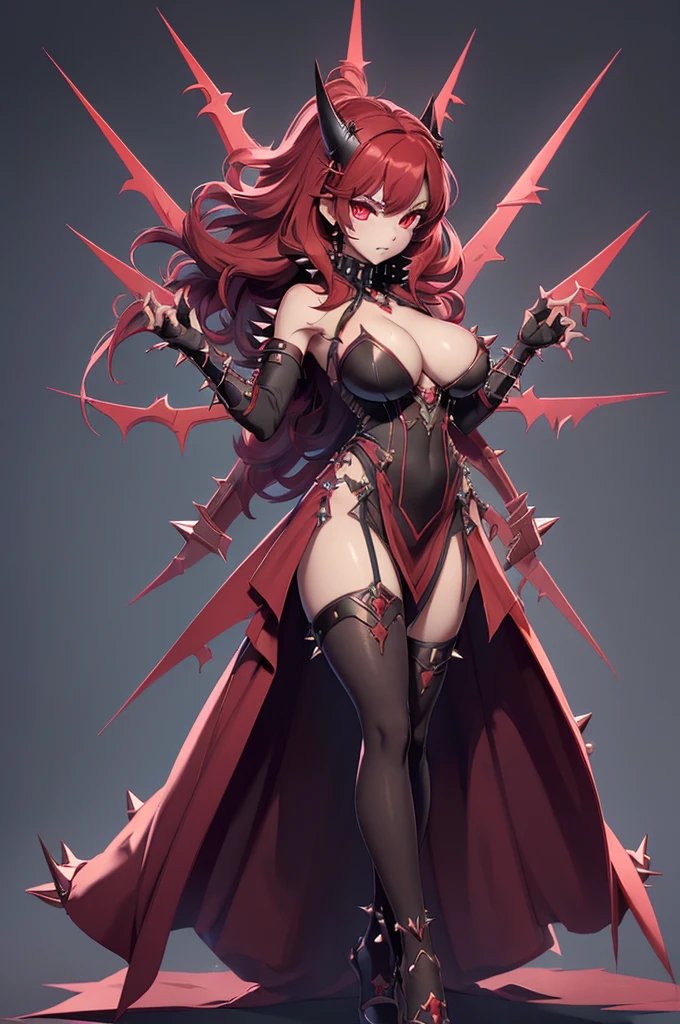 Scarlet Castlevania, (Scarlet Castlevania), tenebrosa, standing alone, ray tracing, 3D style, 3DMM, ((3 poses per photo)), ((3 poses in each photo)), fully body,(from front view),(rear view), (view on the left), blackstockings, Tear at the waist,(((3 poses per photo))),((symetry)) ,((ultra realistic skin)),(minimalist details),((large open dress with v-cuts)),(((dress with spikes))),(((slits between the legs))),(((well-defined groin))),(drawn curve),(((necklines))),(((thick and beautiful legs))),(((big tits)))