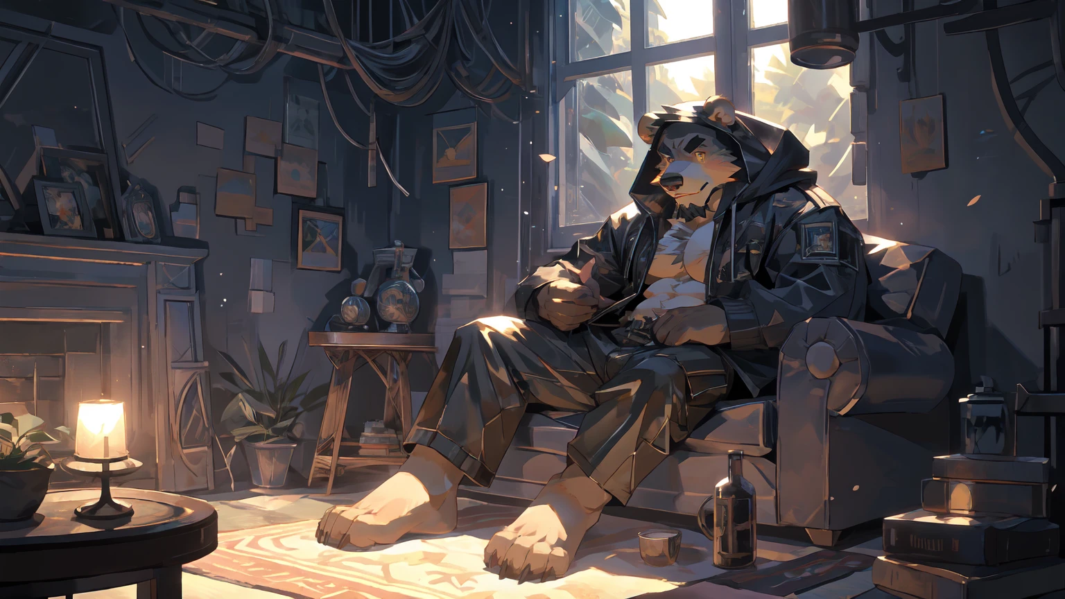 (masterpiece:1.2), best quality,pixiv,official art,perfect anatomy, (Ray tracing, light),solo, (1_male:1.3) , (muscle), (grey fur:1.4), (muscle bear), (beard:1.2), (gleaming golden eyes), bear tail, Thick black eyebrows, (open hooded parka) , (naked inside:1.2), cargo shorts, barefoot , french window, indoor , fur carpet , cushion , rest on sofa