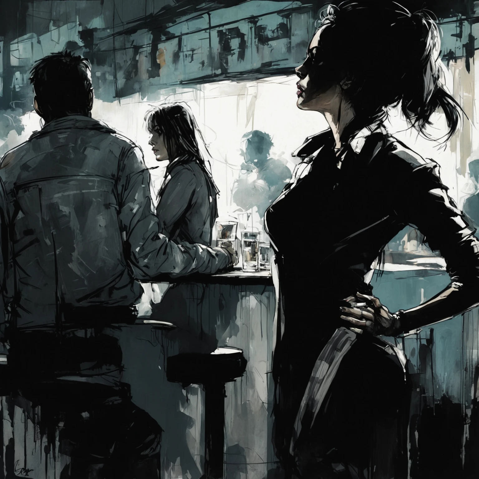 painting of a woman standing in front of a bar with a man sitting at the bar, with influence of jeremy mann, style of jeremy mann, jeremy mann art, in a bar, jeremy mann painting, jeremy mann, at a bar, drawn in a neo - noir style, by Ludwik Konarzewski, ashley wood illustration, sitting alone at a bar